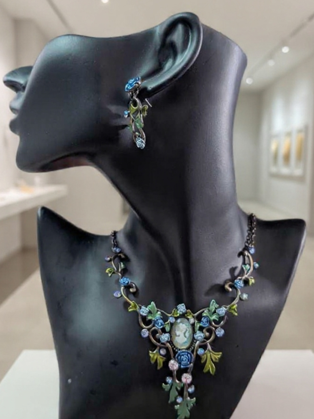 Floral Blue Cameo Necklace and Earring Set